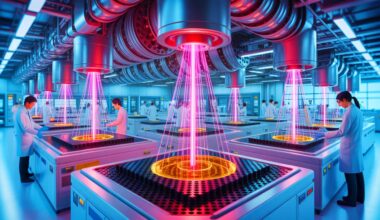 Illustration of Japan's innovative method for recycling PTFE using electron beam technology, generated by artificial intelligence.