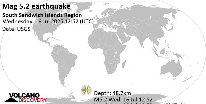 5.2 quake South Atlantic Ocean, 79 km south of Bristol Island, South Georgia and the South Sandwich Islands, Jul 16, 2025 10:52 am (GMT -2)