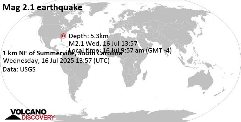 2.1 quake 0.8 mi northeast of Summerville, Dorchester County, South Carolina, United States, Jul 16, 2025 09:57 am (GMT -4)