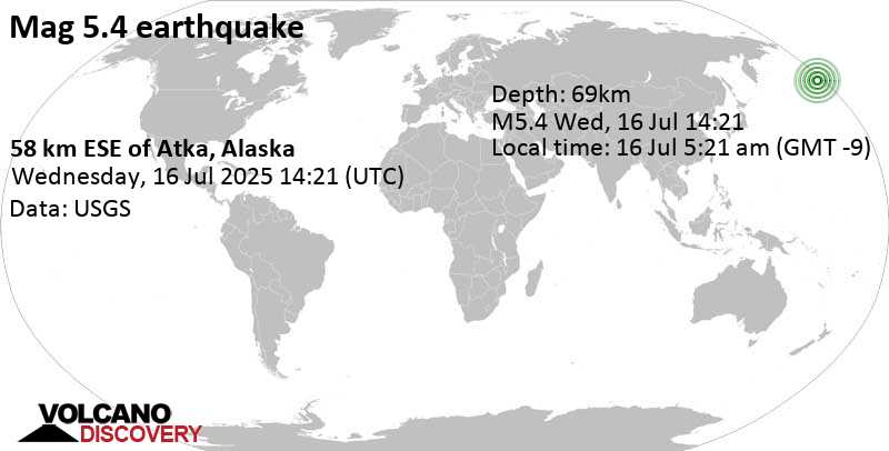 5.4 quake 36 mi east of Atka, Aleutians West Census Area, Alaska, United States, Jul 16, 2025 05:21 am (GMT -9)