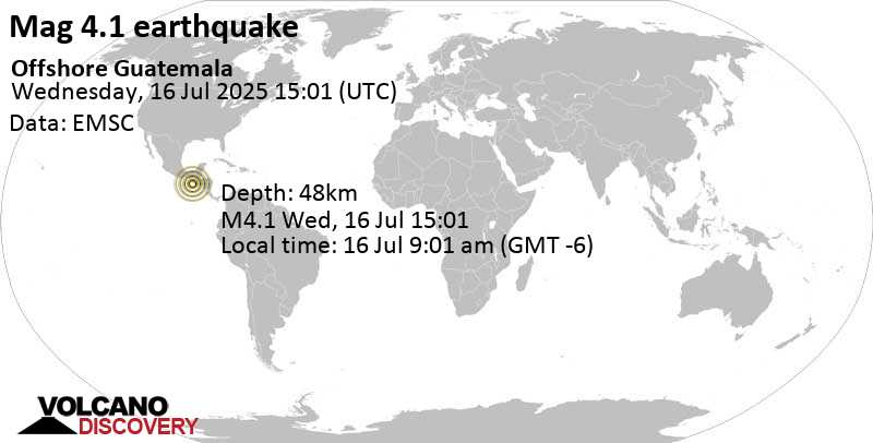 4.1 quake North Pacific Ocean, Departamento de Guatemala, 59 km southwest of La Gomera, Guatemala, Jul 16, 2025 09:01 am (GMT -6)