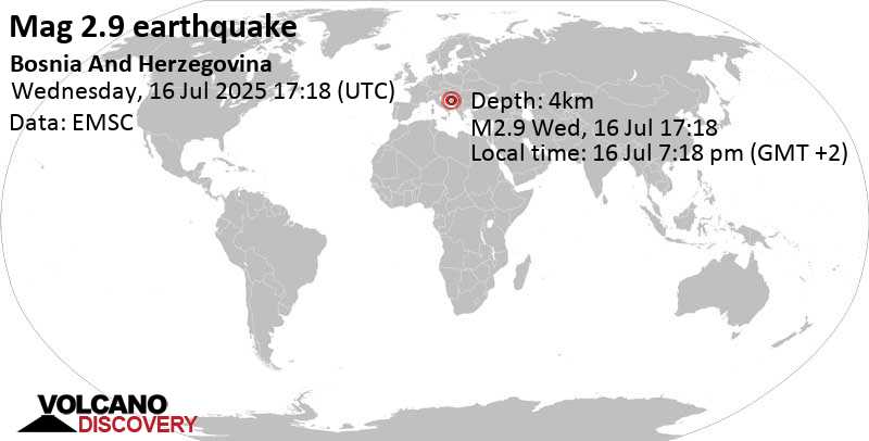 2.9 quake 13 km northeast of Bugojno, Bosnia and Herzegovina, Jul 16, 2025 07:18 pm (GMT +2)