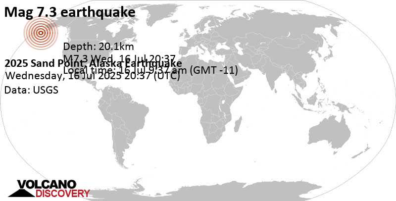 7.3 quake 54 mi south of Sand Point, Aleutians East Borough, Alaska, United States, Jul 16, 2025 09:37 am (GMT -11)