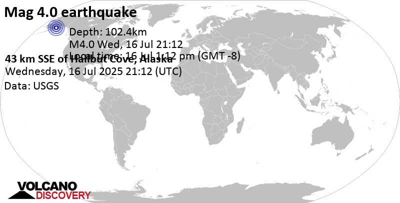 4.0 quake 36 mi southeast of Homer, Kenai Peninsula Borough, Alaska, United States, Jul 16, 2025 01:12 pm (GMT -8)