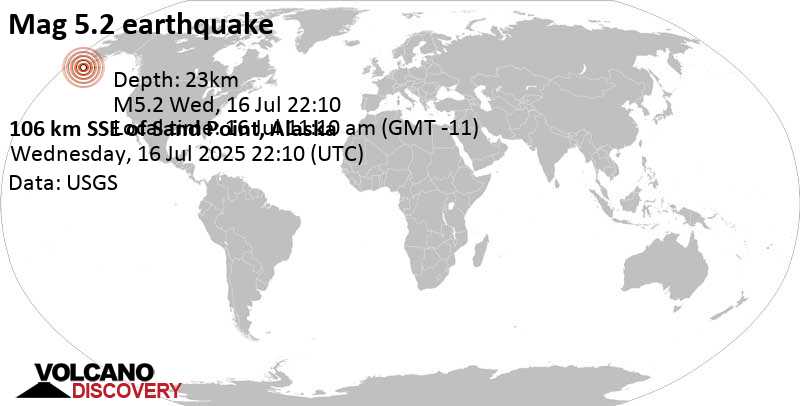 5.2 quake 66 mi south of Sand Point, Aleutians East Borough, Alaska, United States, Jul 16, 2025 11:10 am (GMT -11)
