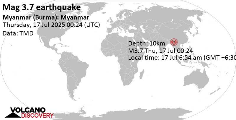 3.7 quake 29 km southeast of Bhamo, Kachin State, Myanmar, Jul 17, 2025 06:54 am (Yangon time)