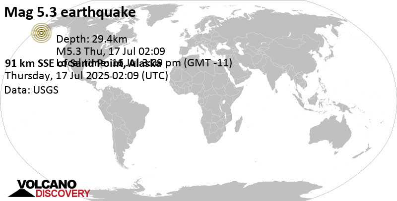 5.3 quake 57 mi south of Sand Point, Aleutians East Borough, Alaska, United States, Jul 16, 2025 03:09 pm (GMT -11)