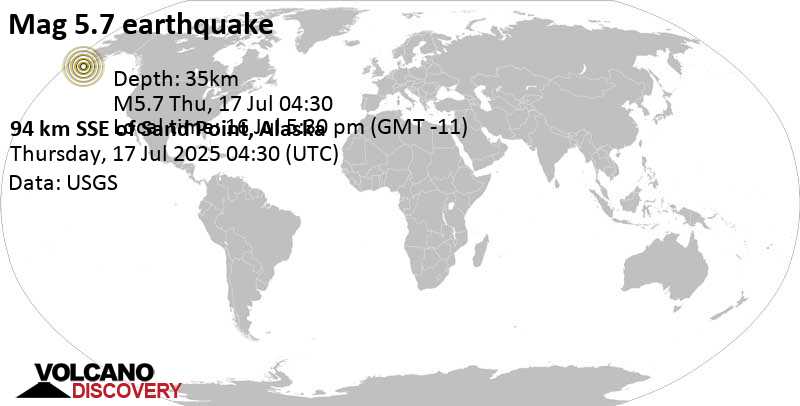 5.7 quake 58 mi south of Sand Point, Aleutians East Borough, Alaska, United States, Jul 16, 2025 05:30 pm (GMT -11)