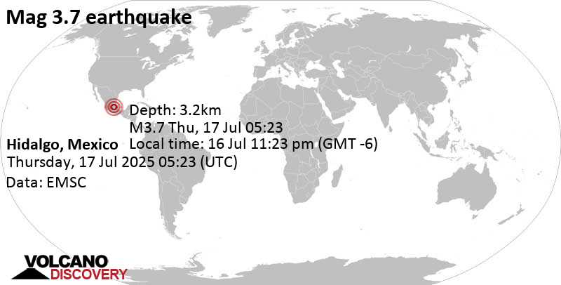 3.7 quake 40 km south of Ixmiquilpan, Estado de Hidalgo, Mexico, Jul 16, 2025 11:23 pm (GMT -6)