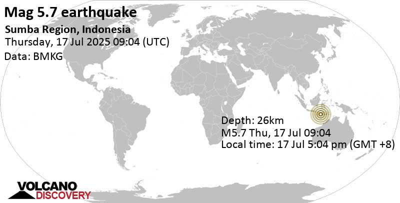 5.7 quake Indian Ocean, 96 km south of Tambolaka, Indonesia, Jul 17, 2025 05:04 pm (GMT +8)