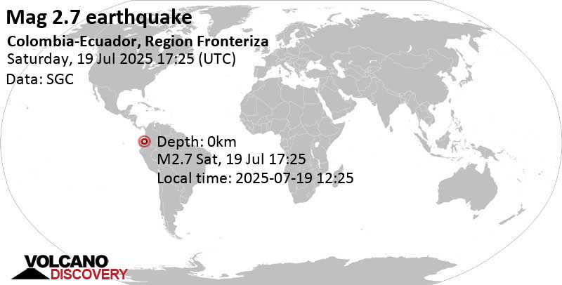 2.7 quake 22 km southwest of Tulcán, Provincia del Carchi, Ecuador, Jul 19, 2025 12:25 pm (GMT -5)