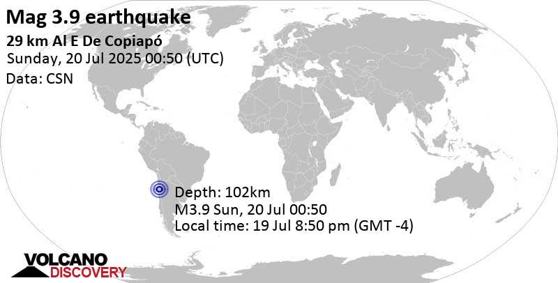 3.9 quake 29 km east of Copiapo, Copiapo, Region de Atacama, Chile, Jul 19, 2025 08:50 pm (GMT -4)