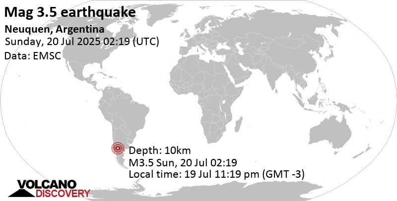3.5 quake 3.8 km north of Anelo, Departamento de Anelo, Neuquen Province, Argentina, Jul 19, 2025 11:19 pm (GMT -3)