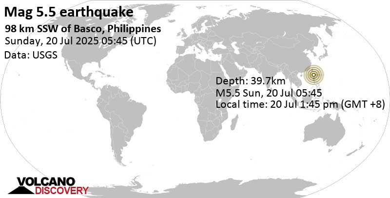 5.5 quake South China Sea, 38 km north of Calayan Island, Philippines, Jul 20, 2025 01:45 pm (GMT +8)