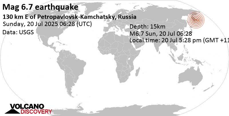 6.7 quake North Pacific Ocean, 130 km east of Petropavlovsk-Kamchatskiy, Kamchatka, Russia, Jul 20, 2025 05:28 pm (GMT +11)