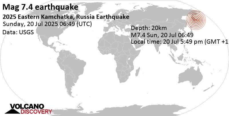 7.4 quake North Pacific Ocean, 144 km east of Petropavlovsk-Kamchatskiy, Kamchatka, Russia, Jul 20, 2025 05:49 pm (GMT +11)