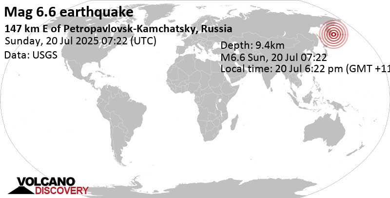 6.6 quake North Pacific Ocean, 147 km east of Petropavlovsk-Kamchatskiy, Kamchatka, Russia, Jul 20, 2025 06:22 pm (GMT +11)