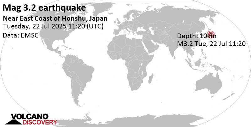 3.2 quake 12 km north of Hitachi, Ibaraki, Japan, Jul 22, 2025 08:20 pm (GMT +9)