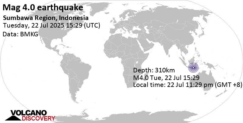 4.0 quake Bali Sea, 68 km northeast of Mataram, Indonesia, Jul 22, 2025 11:29 pm (GMT +8)