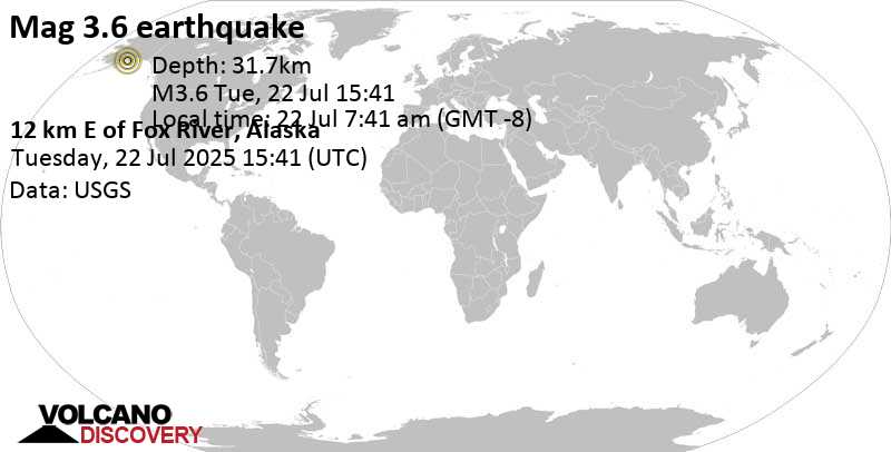 3.6 quake 21 mi northeast of Fritz Creek, Kenai Peninsula Borough, Alaska, United States, Jul 22, 2025 07:41 am (GMT -8)