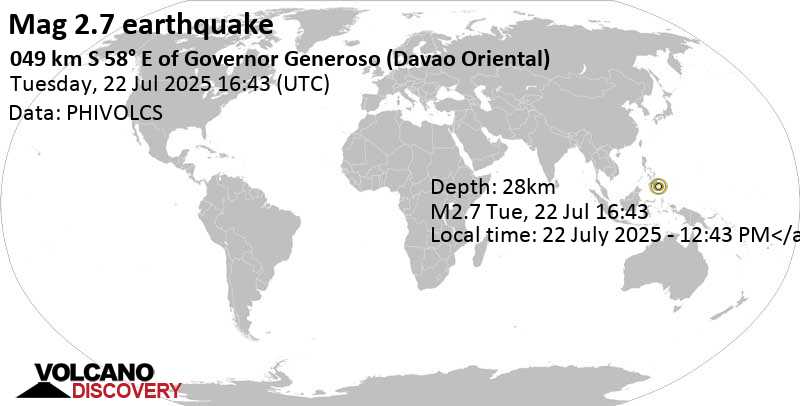 2.7 quake Philippine Sea, 65 km southeast of Mati, Philippines, Jul 23, 2025 12:43 am (GMT +8)