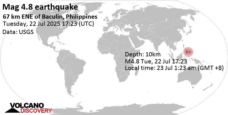 4.8 quake Philippine Sea, 82 km northeast of Manay, Philippines, Jul 23, 2025 01:23 am (GMT +8)