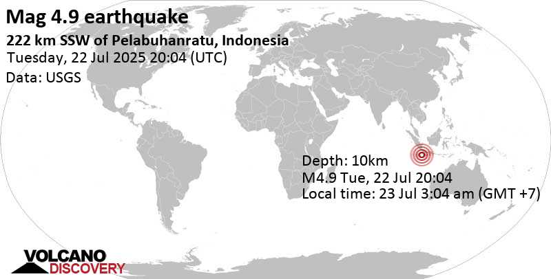4.9 quake Indian Ocean, 178 km north of Christmas Island, Christmas Island, Jul 23, 2025 03:04 am (GMT +7)