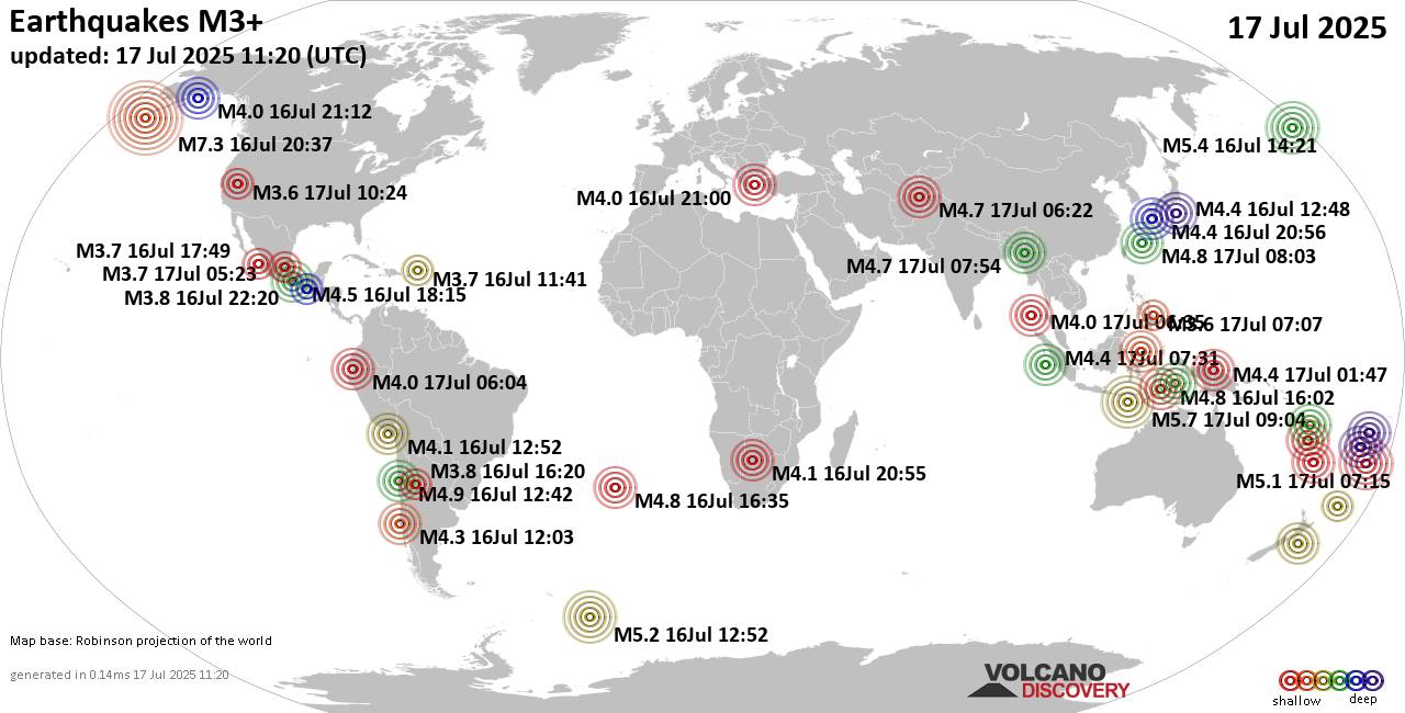 Worldwide earthquakes above magnitude 3 during the past 24 hours on 17 Jul 2025
