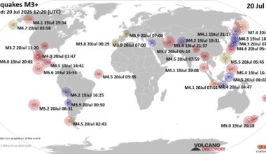 Worldwide earthquakes above magnitude 3 during the past 24 hours on 20 Jul 2025
