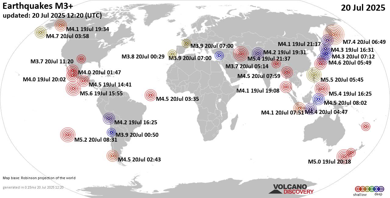 Worldwide earthquakes above magnitude 3 during the past 24 hours on 20 Jul 2025