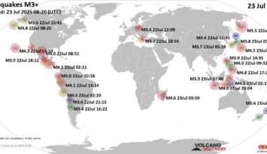 Worldwide earthquakes above magnitude 3 during the past 24 hours on 23 Jul 2025