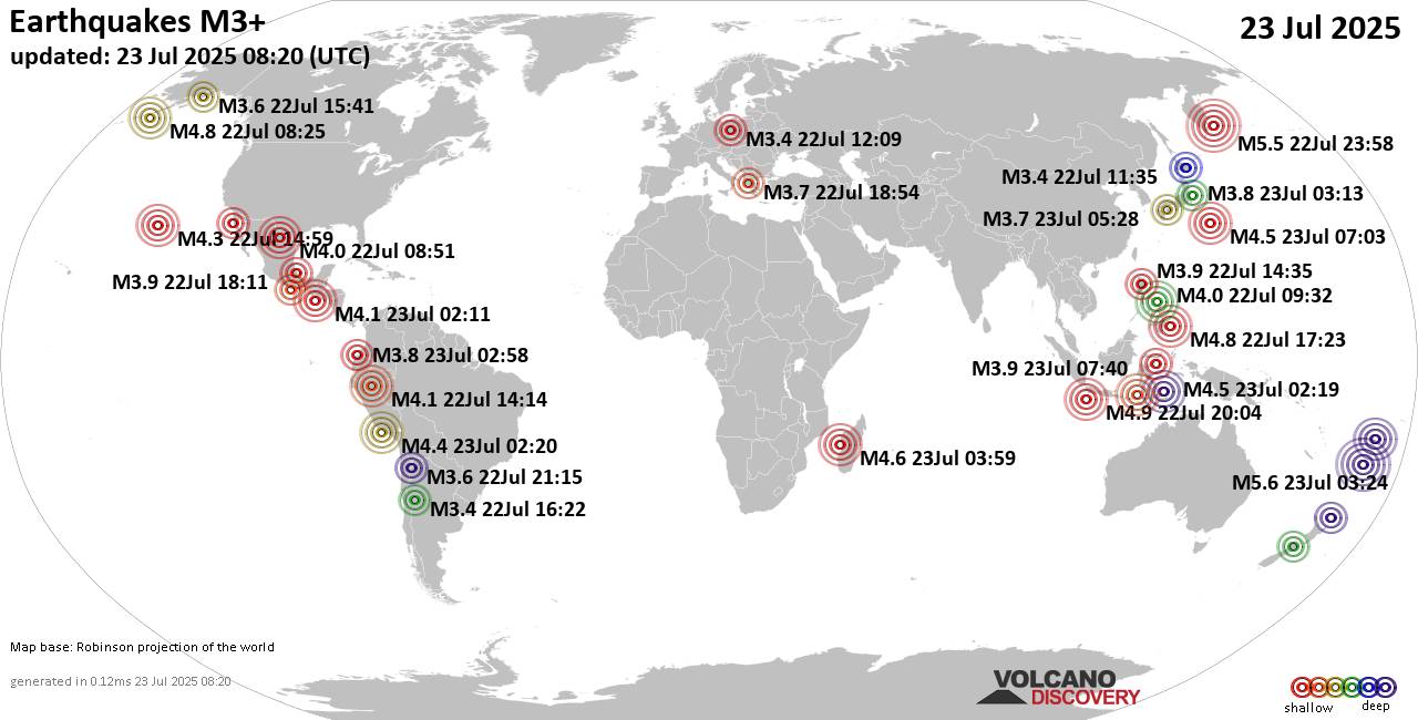 Worldwide earthquakes above magnitude 3 during the past 24 hours on 23 Jul 2025