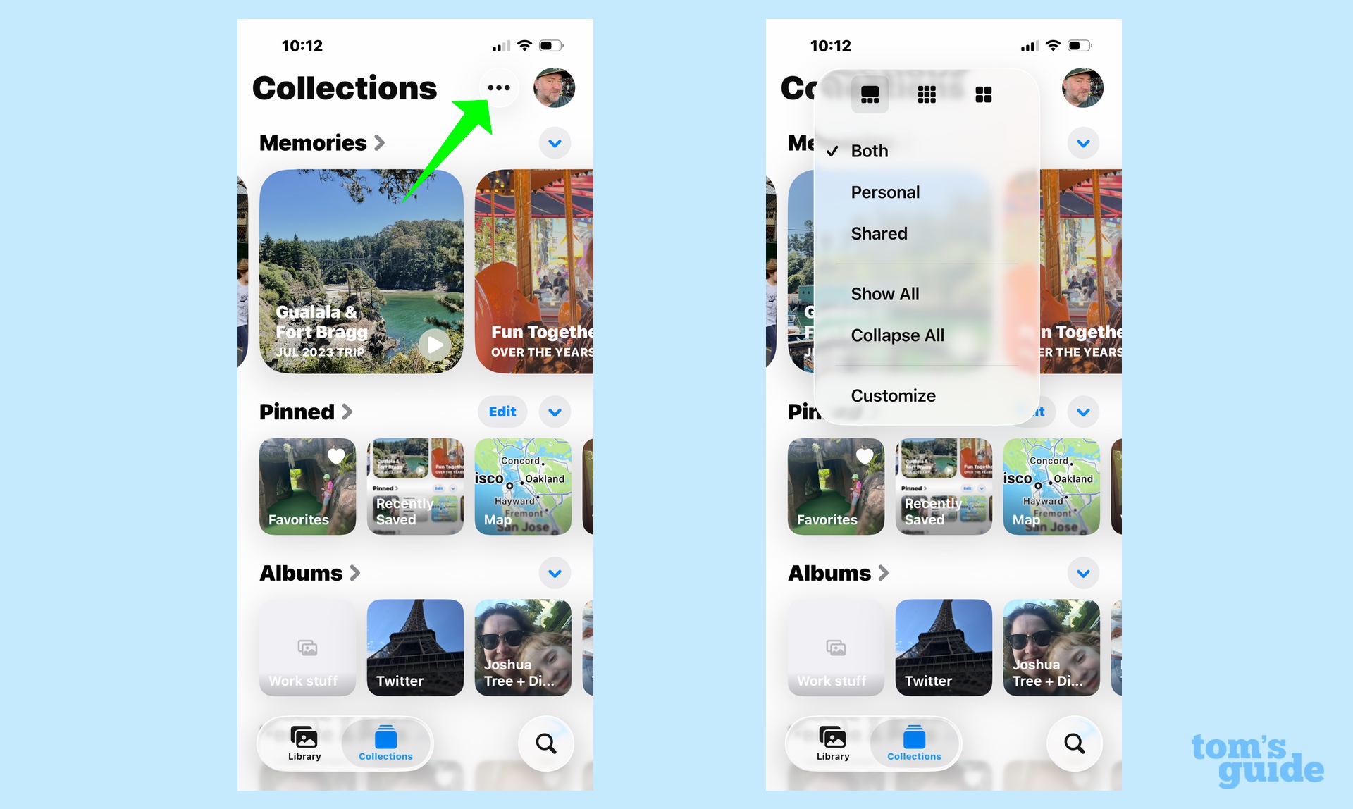 ios 26 photos app accessing the More menu in the collections tab to customize layout