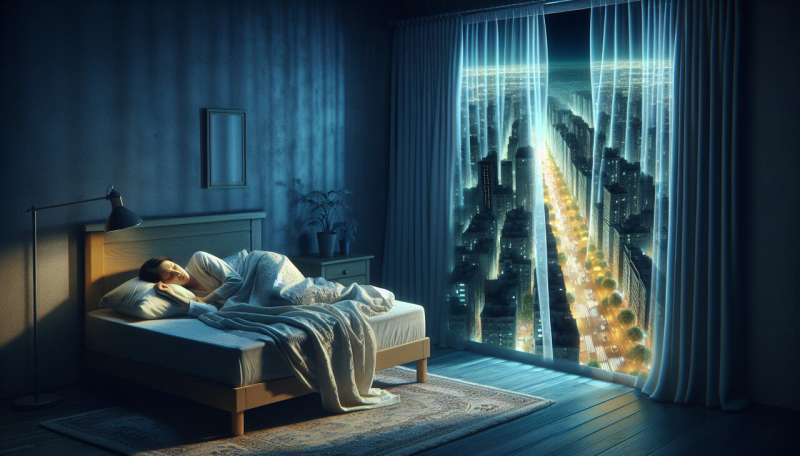realistic image of a person in bed disrupted by artificial night light coming from the street