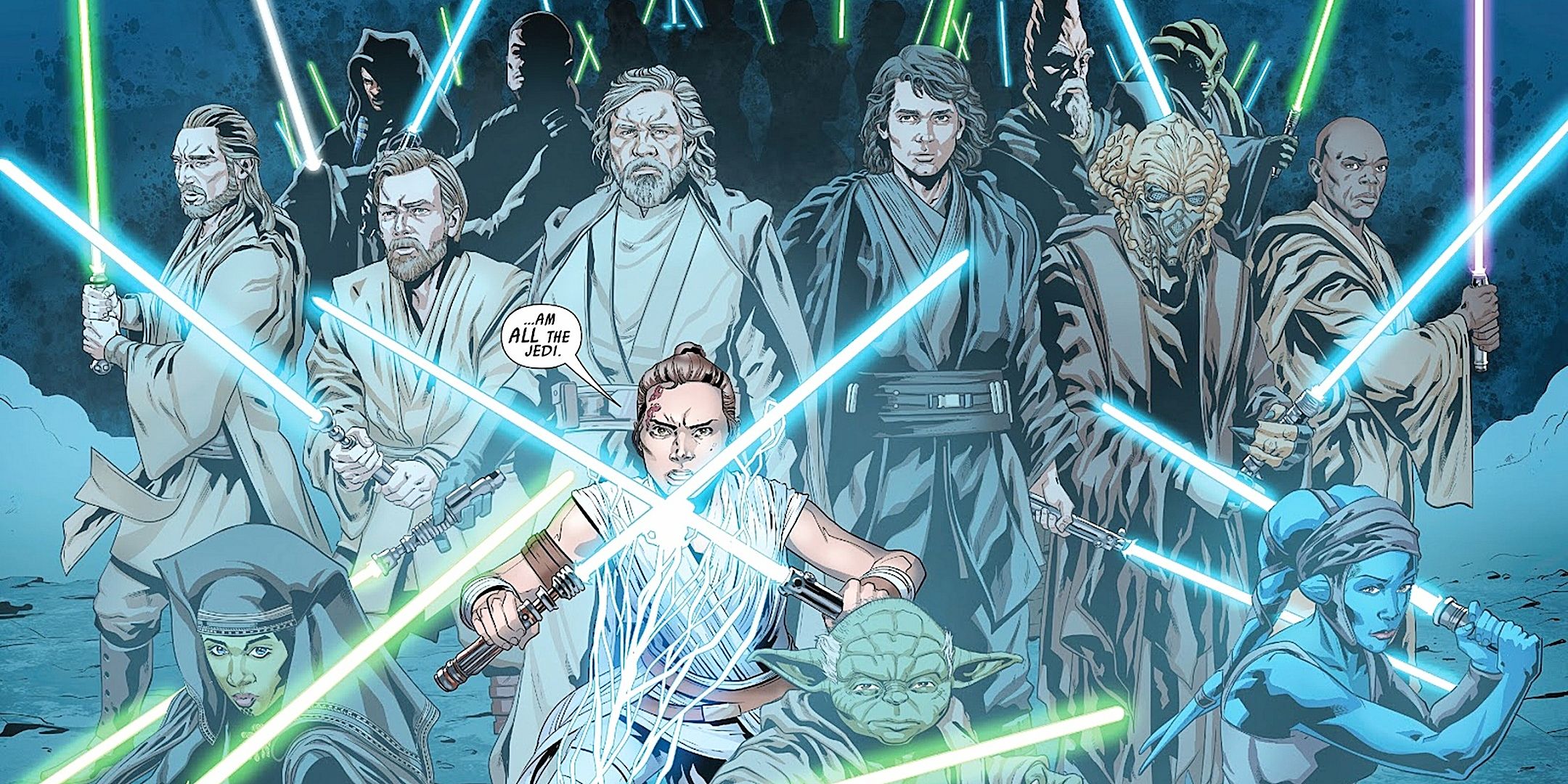 Rey Skywalker surrounded by Force ghost Jedi from Star Wars Episode IX The Rise of Skywalker Graphic Novel COmic