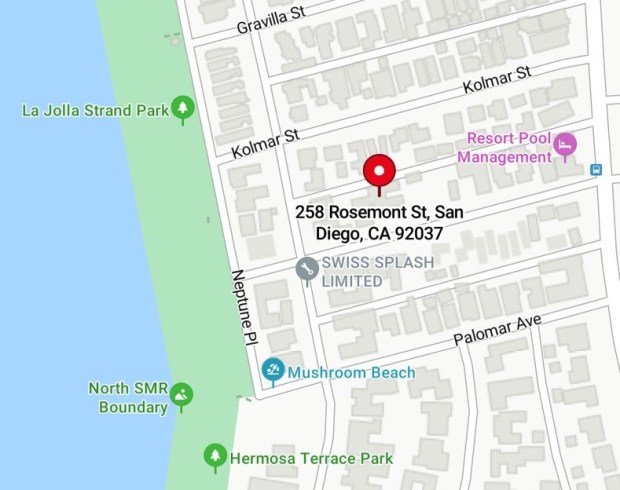 An application proposes to demolish existing residential structures and build five detached two-story units of 1,873 square feet each on five existing lots collectively located at 258 Rosemont St. in La Jolla. (Bing Maps and La Jolla Light)