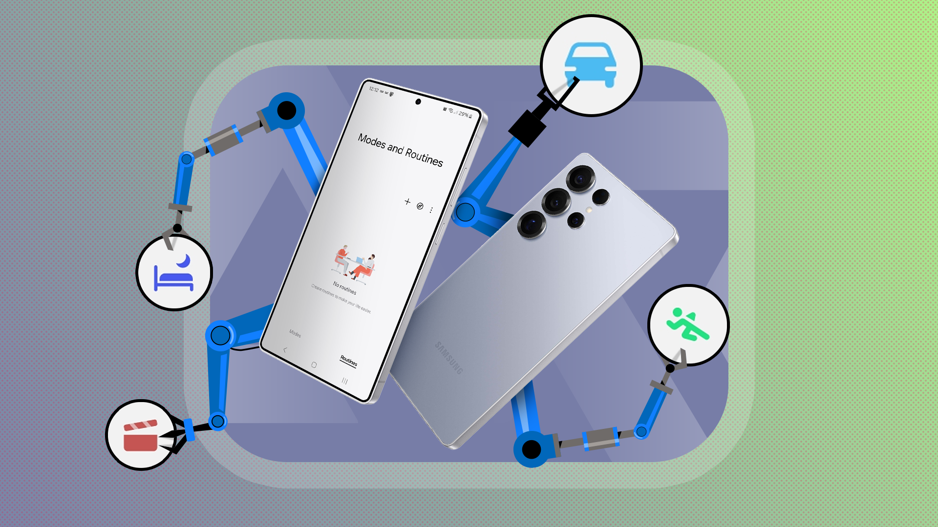 A Galaxy S25 Ultra with robotic arms emerging from behind it, holding some routines icons.