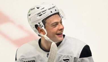 James Hagens, the Bruins’ 7th overall draft pick, smiles during a break during the first day of Bruins Development Camp at Warrior Arena in Brighton on Monday, June 30, 2025.