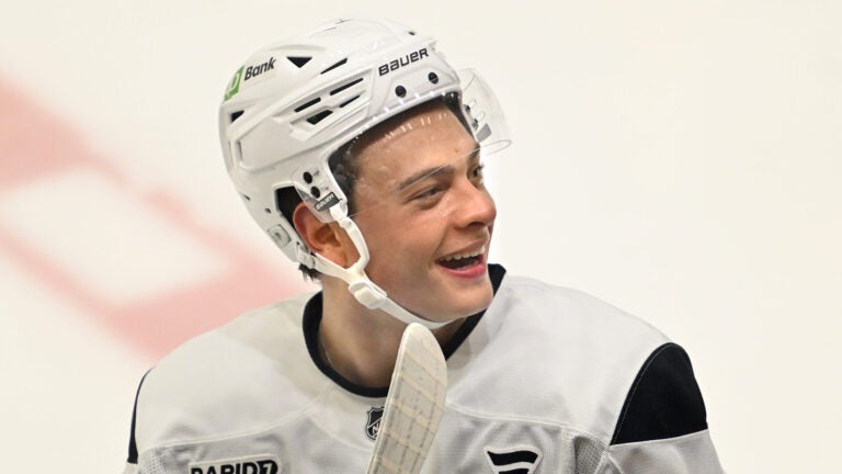 James Hagens, the Bruins’ 7th overall draft pick, smiles during a break during the first day of Bruins Development Camp at Warrior Arena in Brighton on Monday, June 30, 2025.