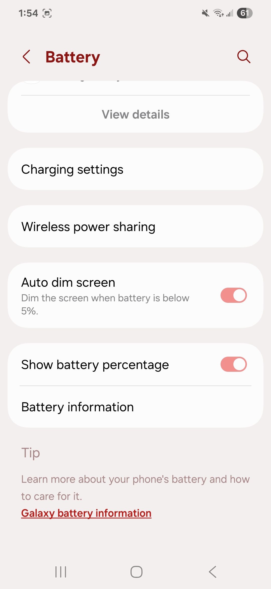 Samsung battery settings showing charging settings, wireless power sharing, audio dim screen, show battery percentage, and battery information options
