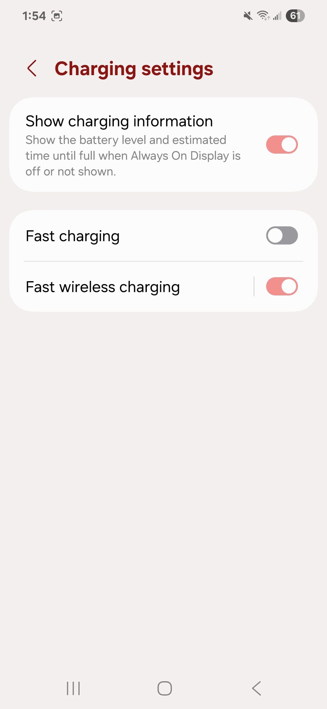 Charging settings on a Samsung phone showing toggles for show charging information, fast charging, and fast wireless charging