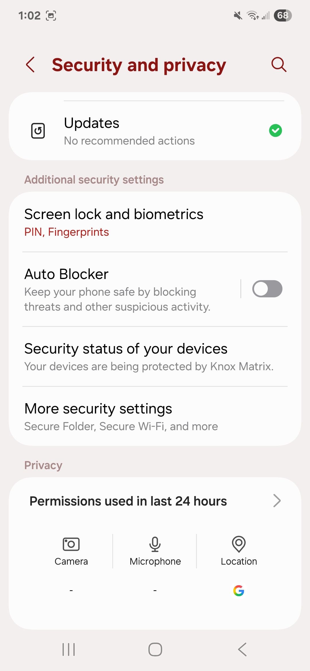 Samsung security and privacy settings showing updates at the top