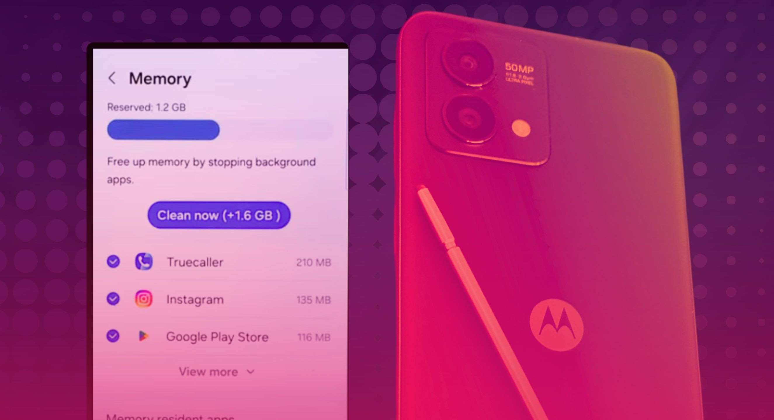 Two Galaxy phones tinted in red and blue colors with one facing up showing the memory status and other faced down on 