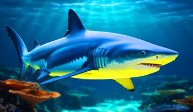 Illustration of a blue shark showcasing its color-changing ability, generated by artificial intelligence.
