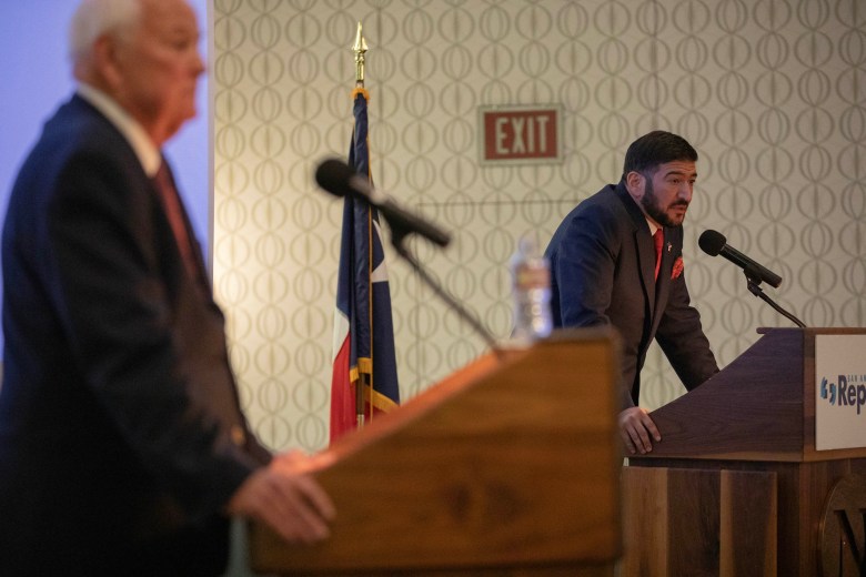 Marc Lahood, a Republican challenger for Texas House District 121 debates with incumbent Steve Allison during a San Antonio Report event on Monday.