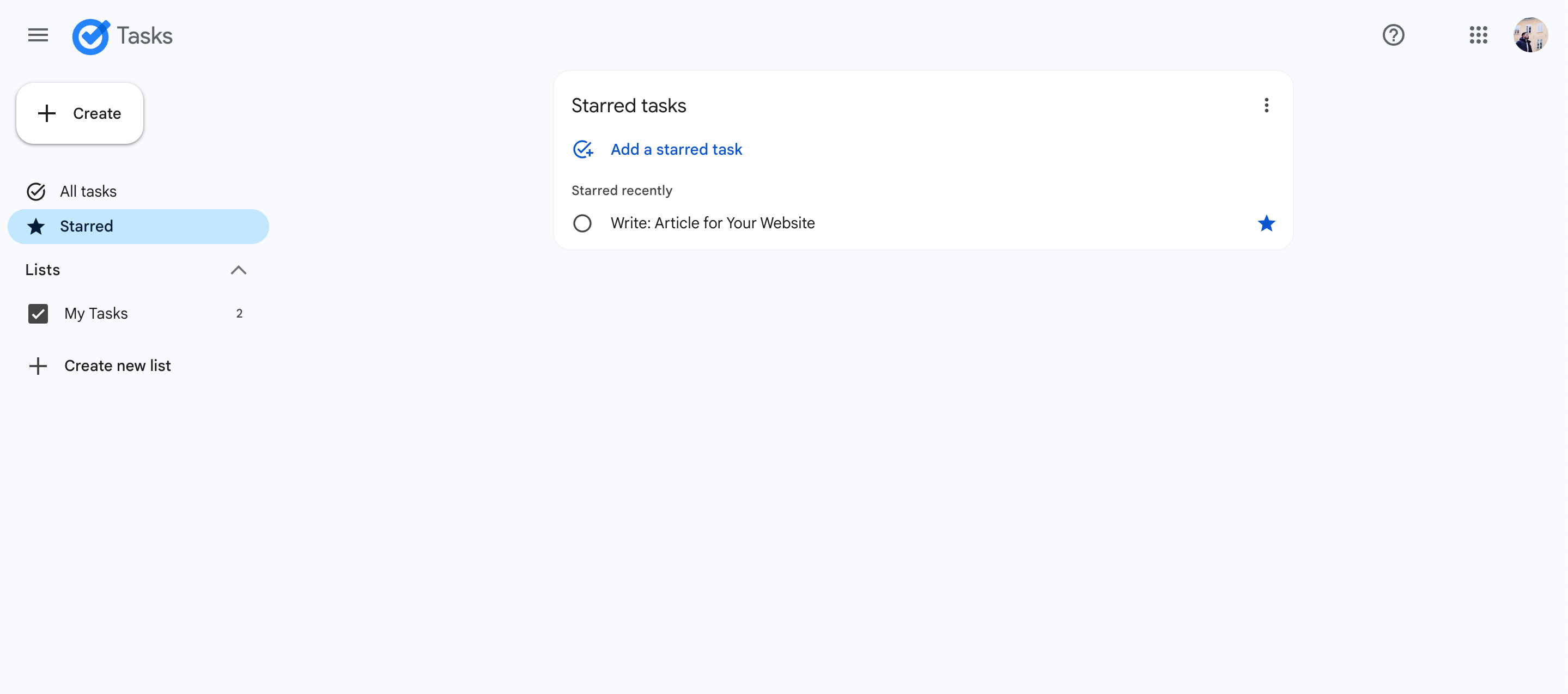 Starred Tasks in the Google Tasks App