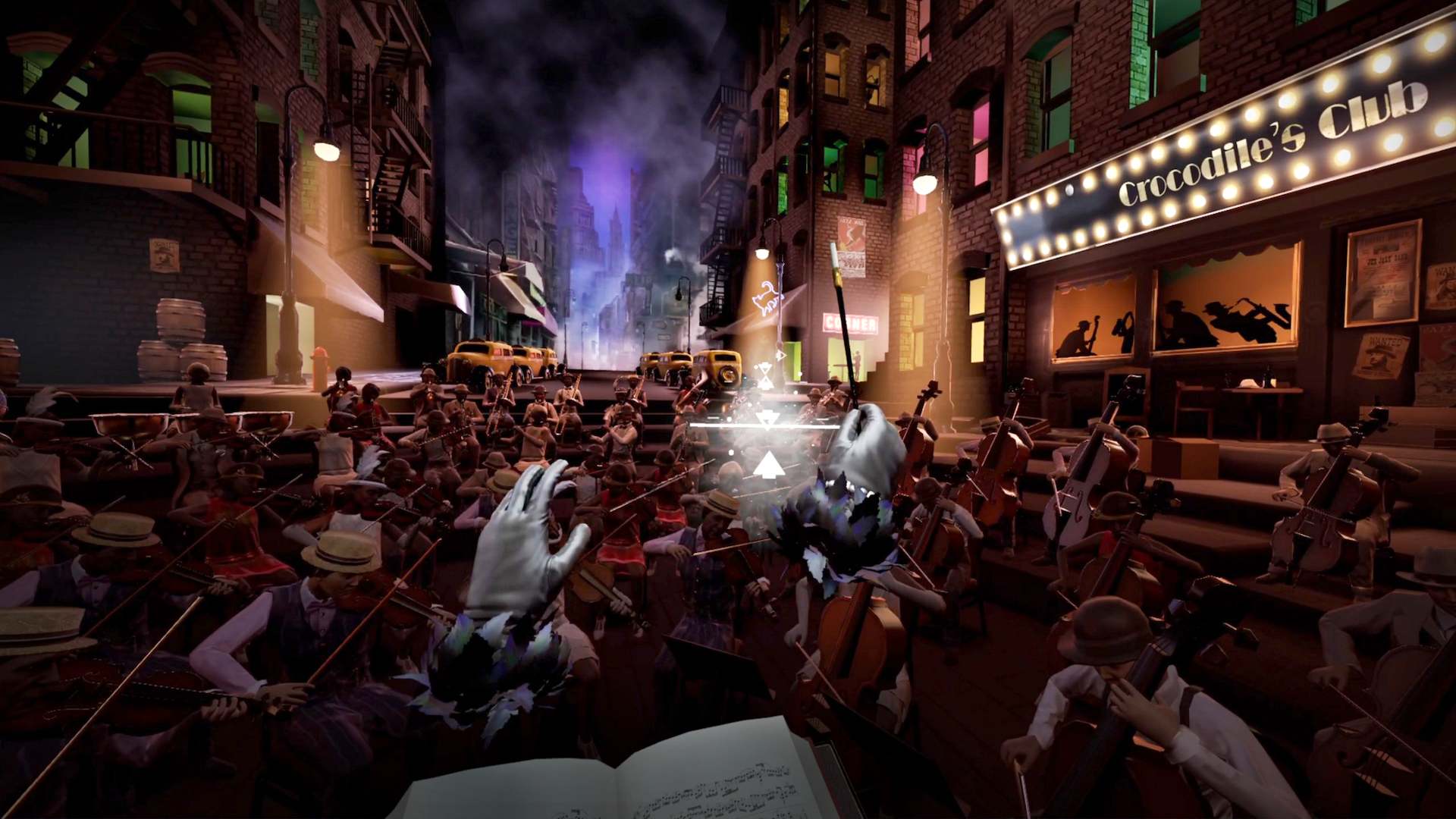 An orchestra playing jazz music on a New York City street in the VR game Maestro.