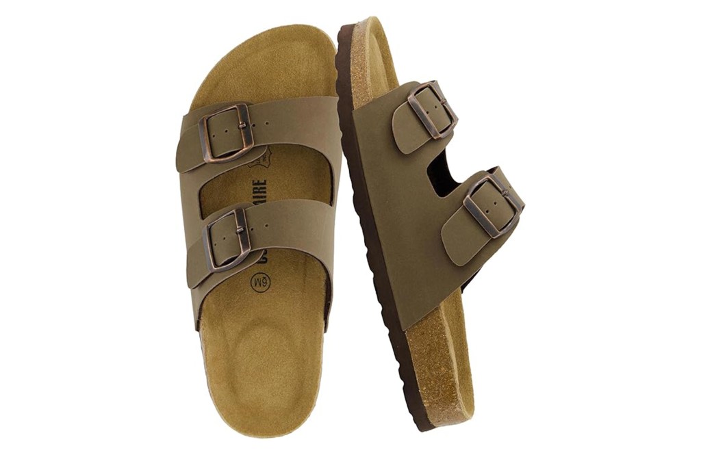 CUSHIONAIRE Lane Cork Footbed Sandals for Women – Comfortable Double Buckle Slip-On with Genuine Suede Footbed & Arch Support Slides for Women Footwear
