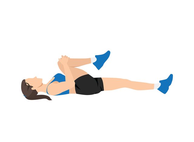 Woman doing Knee to chest lower back stretch exercise. Flat vector illustration isolated on white background