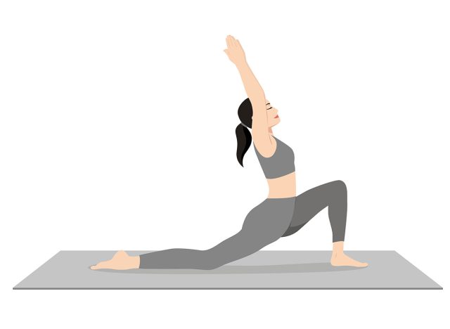 Low Lunge Pose, Crescent Low Lunge Pose, Crescent Moon Pose. Beautiful girl practice Anjaneyasana. Young attractive woman practicing yoga exercise. working out, black wearing sportswear, grey pants and top, indoor full length, calmness and relax.